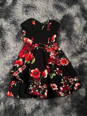 B Darlin Black Strapless Floral Party Dress with Red & Green Blooms